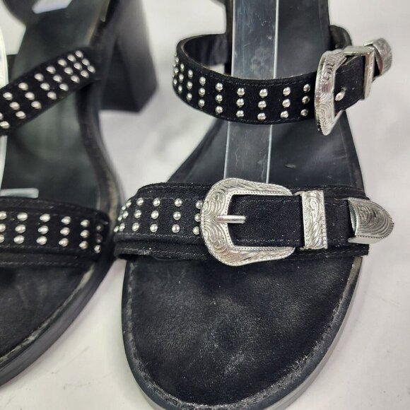ASOS Western Studded Open Toe Strappy Chunky Heels Womens Size 7 Black Silver - Picture 8 of 14